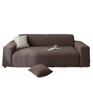 Koffiebruine jacquard fluwelen stretch bankhoes met tarwe-aar textuur en kussensloop