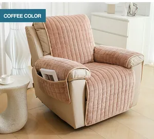 Detail view of coffee-colored quilted sofa cover with side pocket for remote control