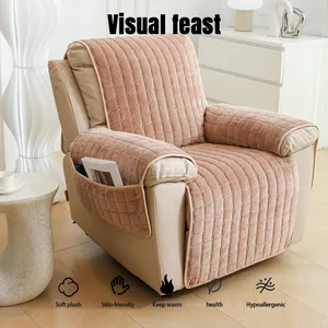 Pink plush recliner chair cover with quilted pattern and side storage pocket