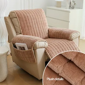 Quilted plush recliner cover in khaki with side storage pocket for armchairs