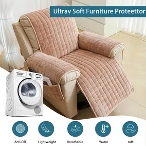 Quilted plush recliner cover in warm brown with side pockets, machine washable fabric
