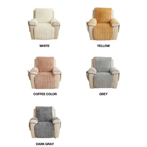 Quilted plush recliner covers set in white, yellow, brown, and grey with side pockets
