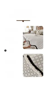 Detail of chenille sofa cover showing beige checkered texture and ruffled monochrome edges