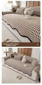 Close-up of irregular coffee plaid chenille sofa cover with wavy lace edges and tassels