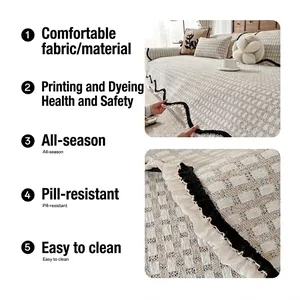 Minimalist chenille sofa cover with ruffled edges and grey checkered pattern
