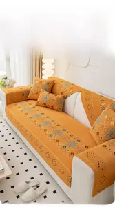 Detail of bohemian chenille jacquard sofa cover with durable geometric snowflake patterns