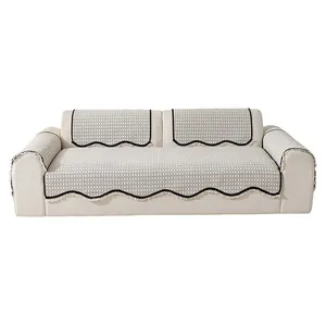 Minimalist cream chenille sofa cover set with grey checkered pattern and wavy edges