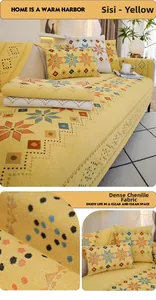 Macro detail of high-density yellow chenille fabric with geometric bohemian patterns