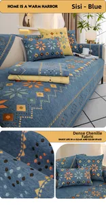 Close-up of blue jacquard chenille sofa cover with orange bohemian geometric patterns