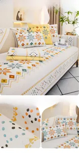 Detailed view of bohemian chenille jacquard sofa cover with geometric star patterns