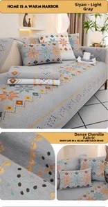 Close-up of high-density light gray chenille sofa cover with orange snowflake patterns