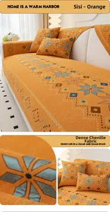 Close-up of orange chenille sofa cover showing geometric jacquard texture and thick fabric