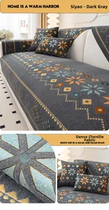 Detail of dark gray chenille sofa cover with thick jacquard weave and geometric patterns