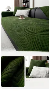 Close-up of green chenille sofa cover with 3D diamond texture and soft velvet finish