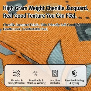 Chenille bohemian sofa cover with orange jacquard geometric pattern and textured fabric