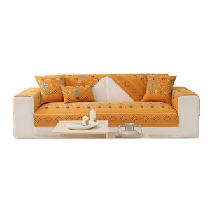 Bohemian orange chenille jacquard sofa cover set with geometric snowflake pattern