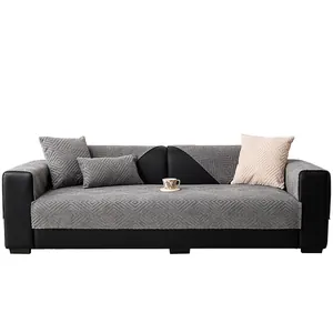 Grey geometric chenille sofa cover set with diamond texture on black leather couch