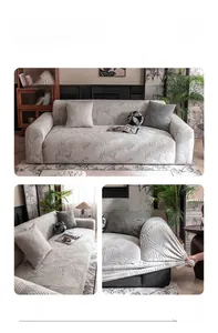 Detail of gray leaf jacquard stretch sofa cover with high elastic dustproof fabric