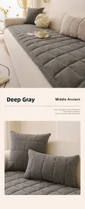 Close-up of thick dark grey chenille sofa cover showing herringbone texture and quilting