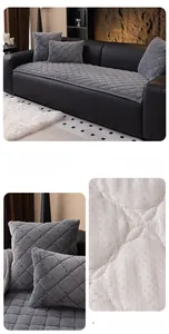 Detail of dark gray rabbit fur sofa cushion with plaid quilting and anti-slip bottom