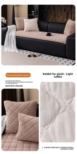 Detail of light brown rabbit faux fur sofa cushion with diamond quilted pattern and non-slip back