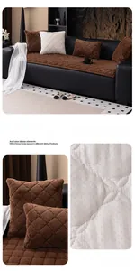 Detail of dark brown faux rabbit fur sofa cover with diamond quilted pattern texture