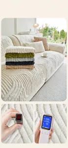Detail of plush wave-textured sofa cover showing safety tests for formaldehyde and fluorescence