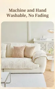 Close-up of thick plush sofa cover with wave texture and matching pillows in soft cream