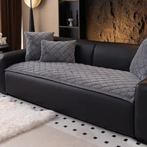 Rabbit Plush Quilted Sofa Cushion Cover High Weight Faux Fur Slipcover Non-Slip Checkerboard Couch Protector Simple Plaid Living Room Home Decor