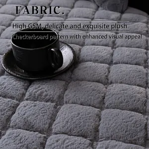 Thick grey checkerboard rabbit faux fur sofa cushion with high pile texture and soft finish