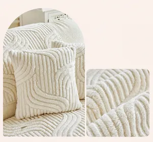 Close-up of beige faux rabbit plush sofa cover with wave textured velvet fabric