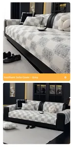 Detail of gray checkerboard faux linen sofa cover with non-slip woven fabric texture