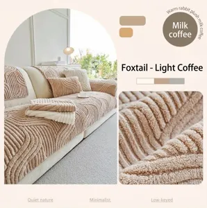 Detailed view of rabbit plush milk coffee sofa cover with fox-tail wavy textured fabric