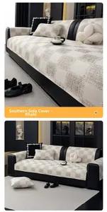Detail of khaki checkerboard sofa cover with textured non-slip woven fabric finish