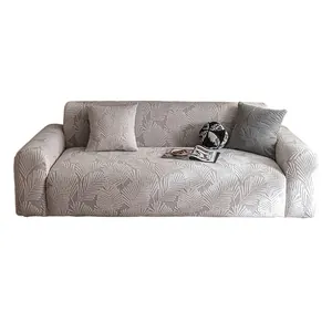 Elastic beige sofa cover with jacquard leaf texture for three-seater couches
