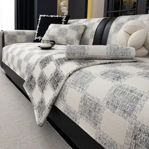 Modern Checkerboard Sofa Cushion Polyester Imitation Linen Anti-Slip Sofa Cover For Four Seasons Home Living Room Decoration