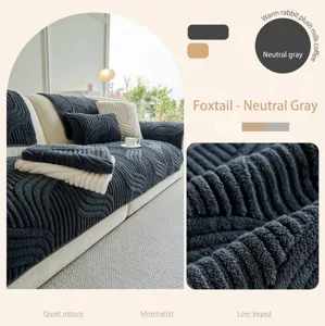 Close-up of deep gray rabbit plush sofa cover featuring thick fox tail wavy texture