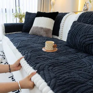 Coussin de Canapé en Polaire Sherpa Jacquard Épais Antidérapant Motif Vagues 3D Housse de Canapé Protection Meubles Hiver