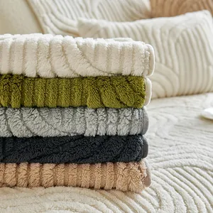 Thick non-slip plush sofa cover with 3D wave pattern in beige olive and grey colors