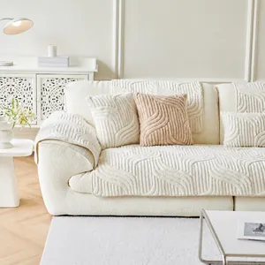 Thick plush sofa cover with wave texture and anti-slip backing for sectional couches