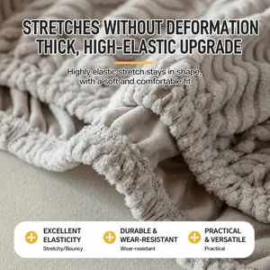 Beige high-stretch elastic sofa cover with 3D wave texture and durable non-slip fabric