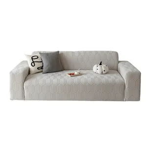 Modern grey stretch sofa cover with geometric leaf texture on a three-seater sofa