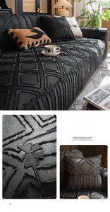 Thick black chenille sofa cover with 3D embossed diamond pattern and bow details