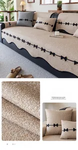 Close-up of coffee brown chenille sofa cushion featuring bow detail and woven texture