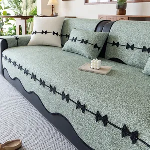 Thickened Chenille Scalloped Sofa Cushion Non-Slip Couch Cover With Black Bows French Fresh Style Living Room Furniture Protector