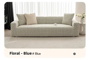 Detail of floral-blue polar fleece sofa cover with geometric waffle texture fabric