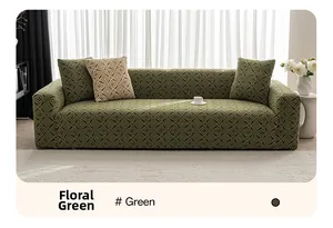 Detail view of green floral polar fleece sofa cover with matching textured cushions