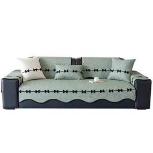 Thickened bean green chenille sofa cover with wavy edges and black bow tie decorations
