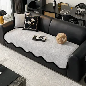 Housse de Canapé Minimaliste Moderne Chenille Épaisse Antidérapante Bord Festonné Protection Meubles Couleur Unie Tapis