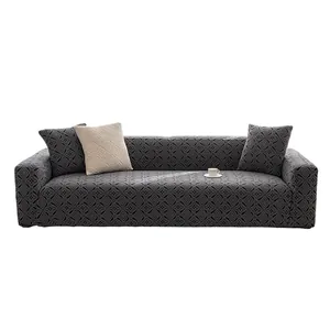 Fleece stretch sofa cover in dark grey with geometric diamond pattern for 3-seater